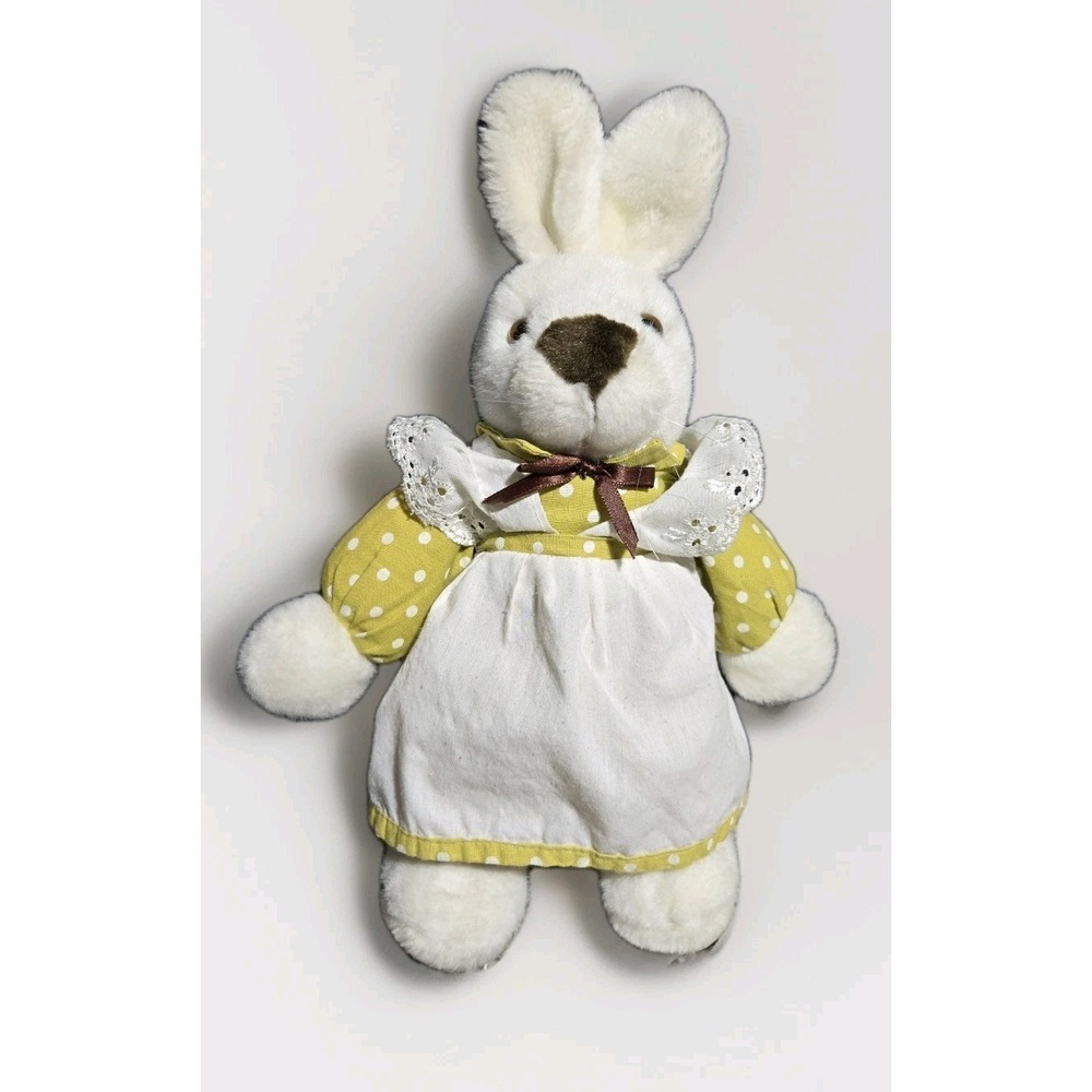 VINTAGE ACMI Rabbit Plush White Bunny Yellow Dress Polka Dots Cottagecore EASTER